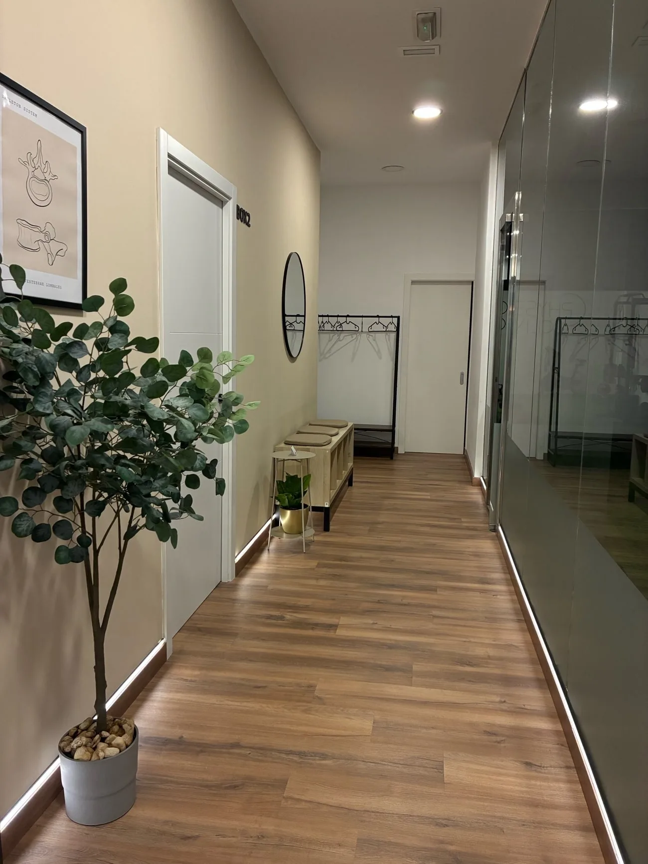 Passadís d'entrada de Physeo Clinic a Terrassa, amb les consultes a banda i banda