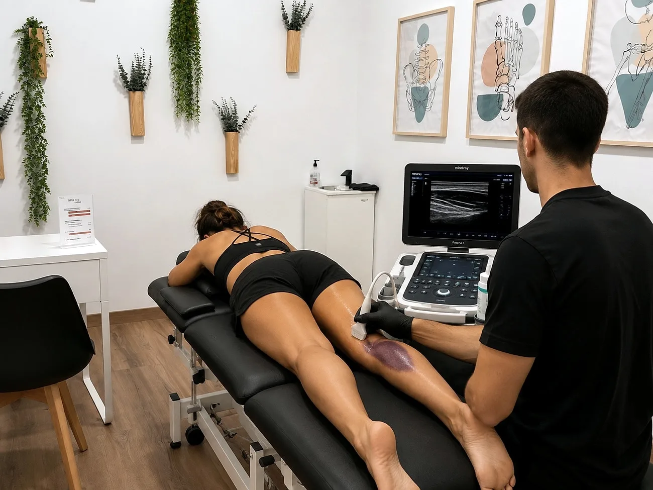 Fisioterapeuta de Physeo Clinic realizando una ecografía musculoesquelética del muslo a una paciente, Terrassa