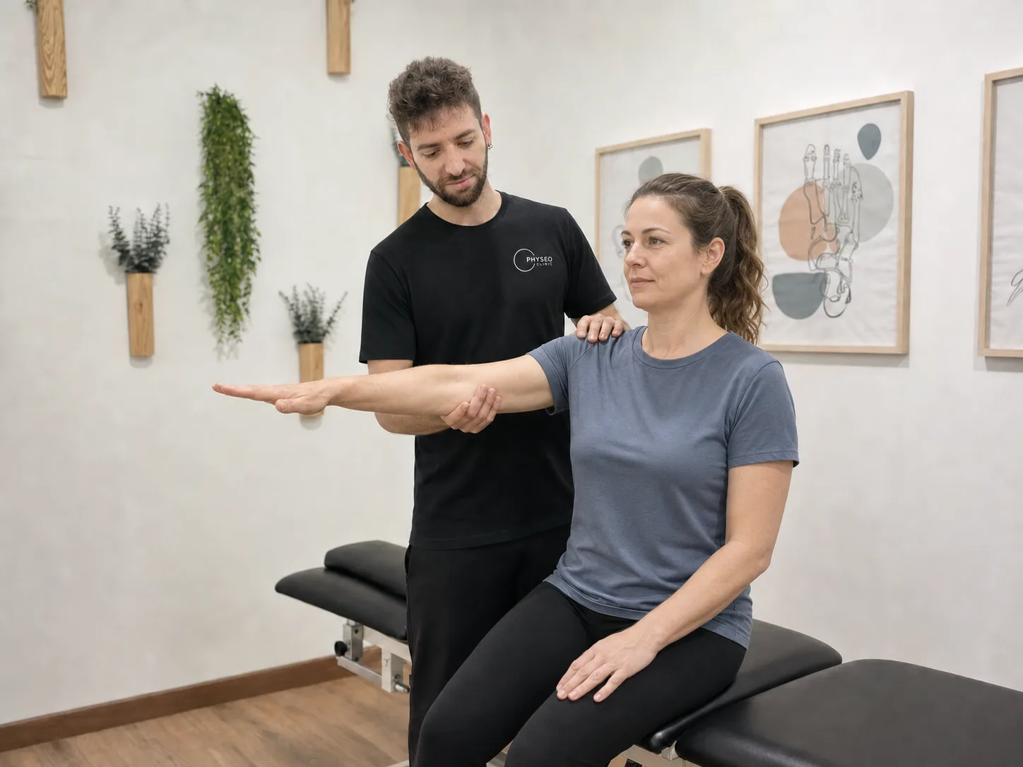 Fisioterapeuta aplicando terapia manual a un paciente en Physeo Clinic, Terrassa