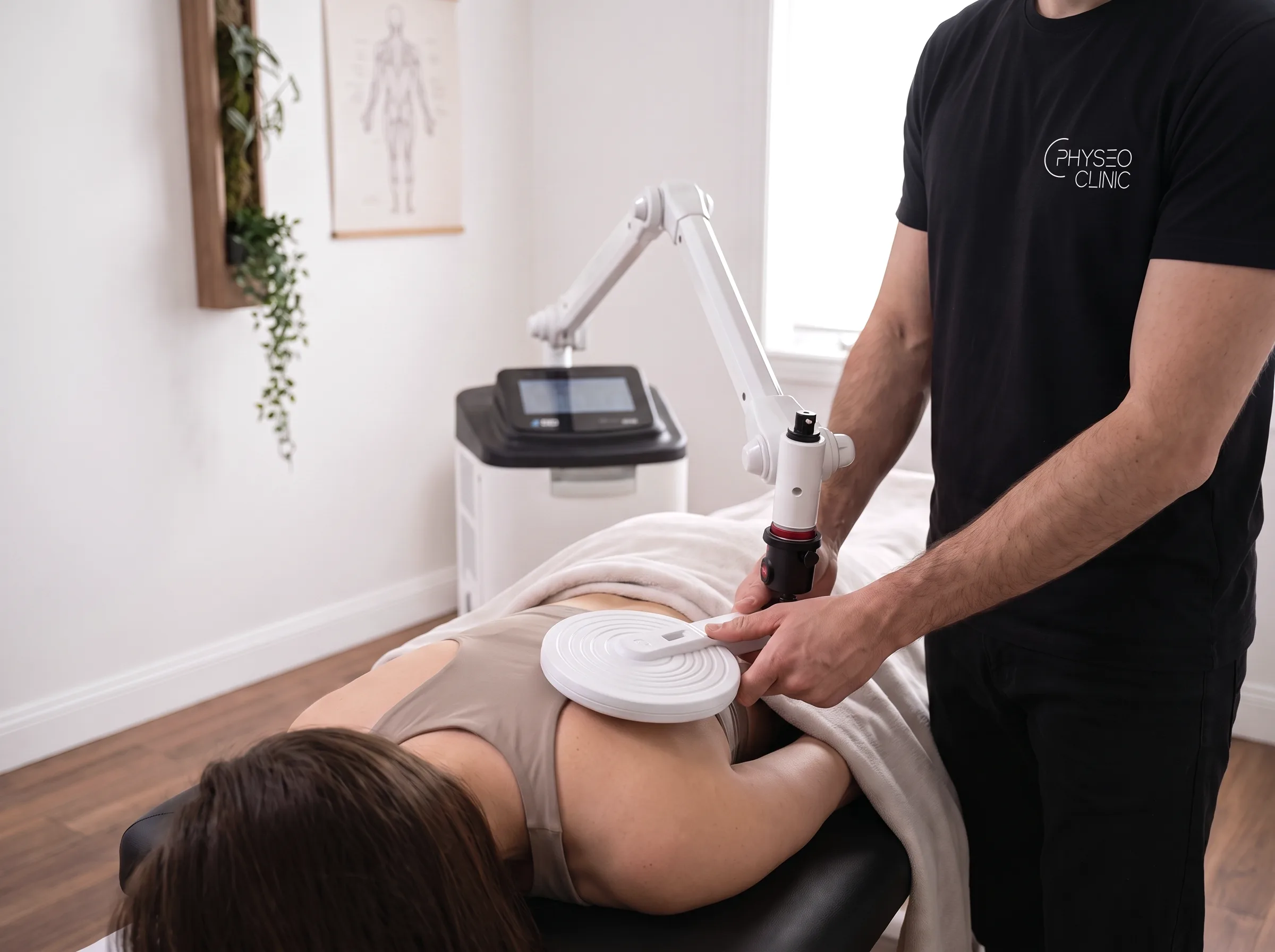 Fisioterapeuta aplicant l'aplicador de la Magnetoteràpia Superinductiva sobre la zona lumbar d'una pacient