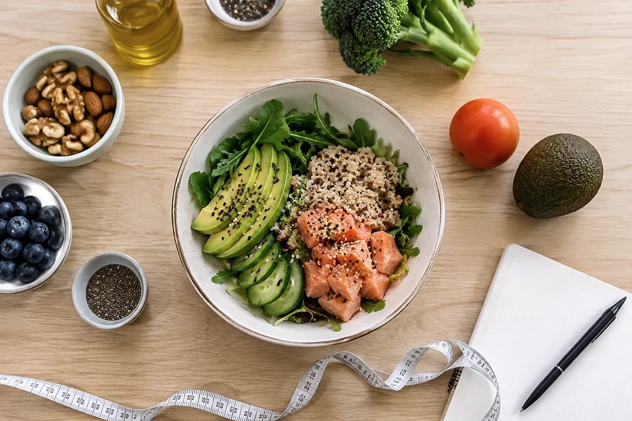 Plato equilibrado con verduras, pescado y cereales junto a una libreta de seguimiento nutricional