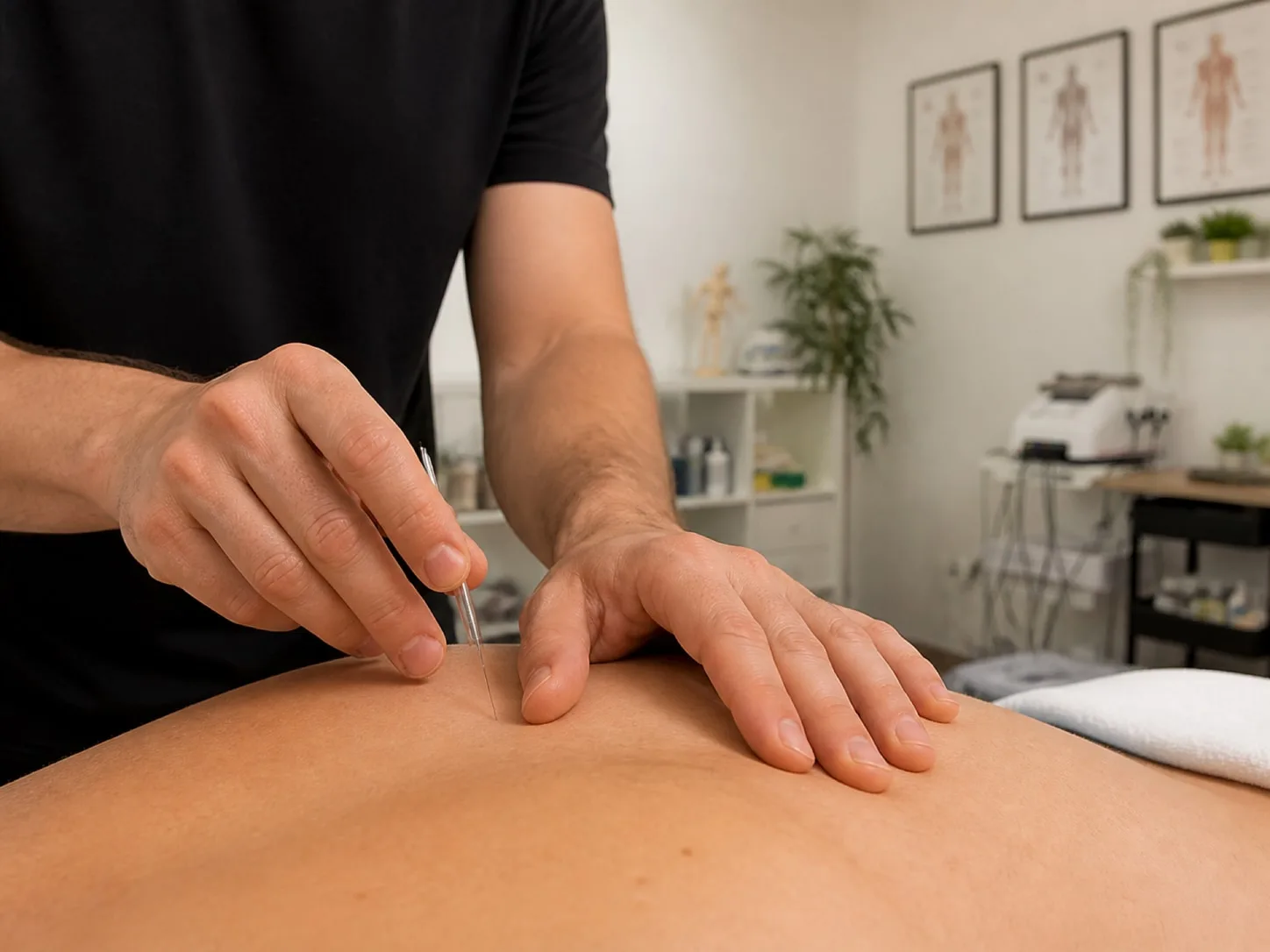Fisioterapeuta aplicant punció seca sobre un punt gallet muscular a Physeo Clinic, Terrassa