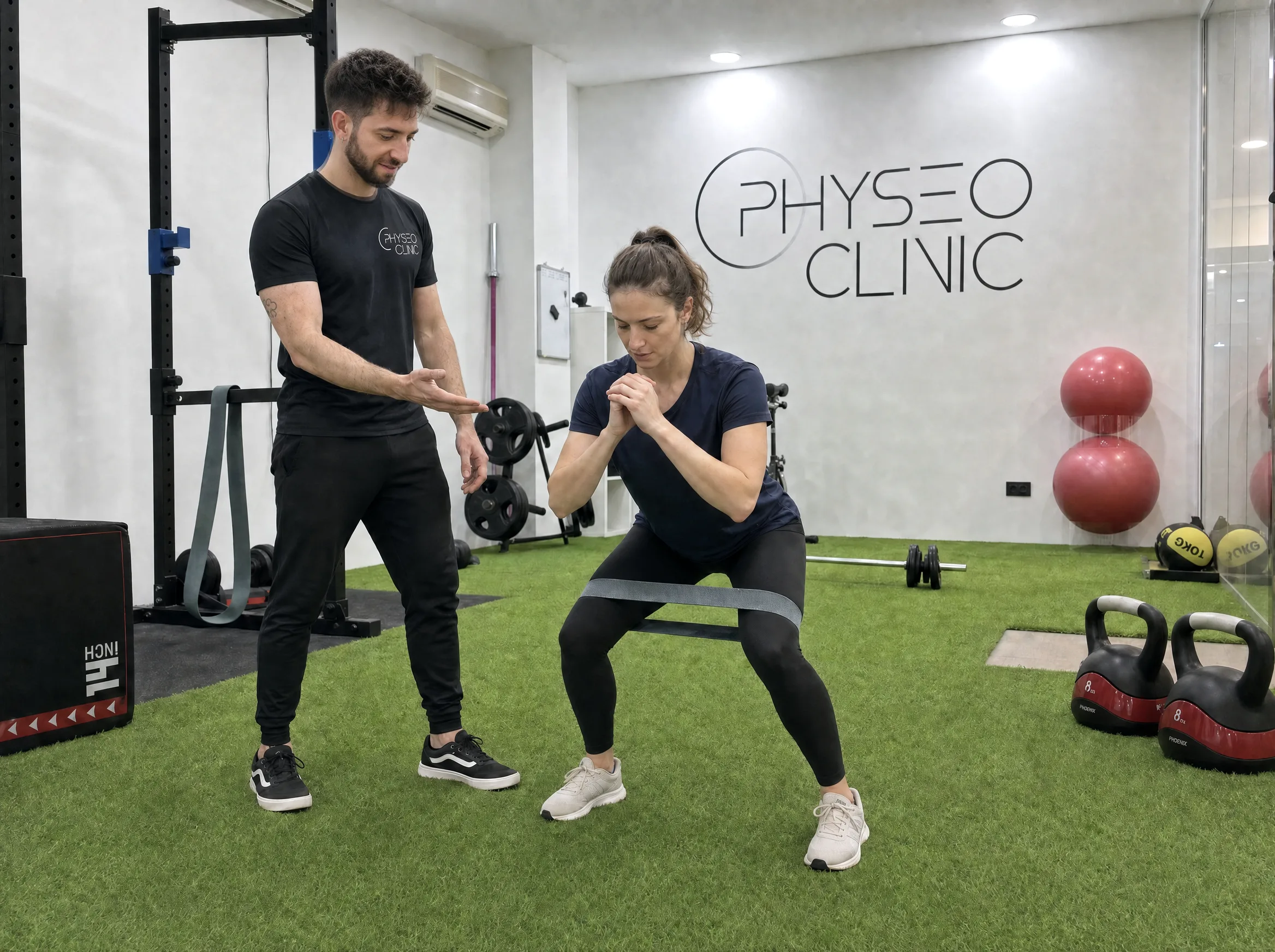 Ejercicio de readaptación deportiva con material funcional en Physeo Clinic